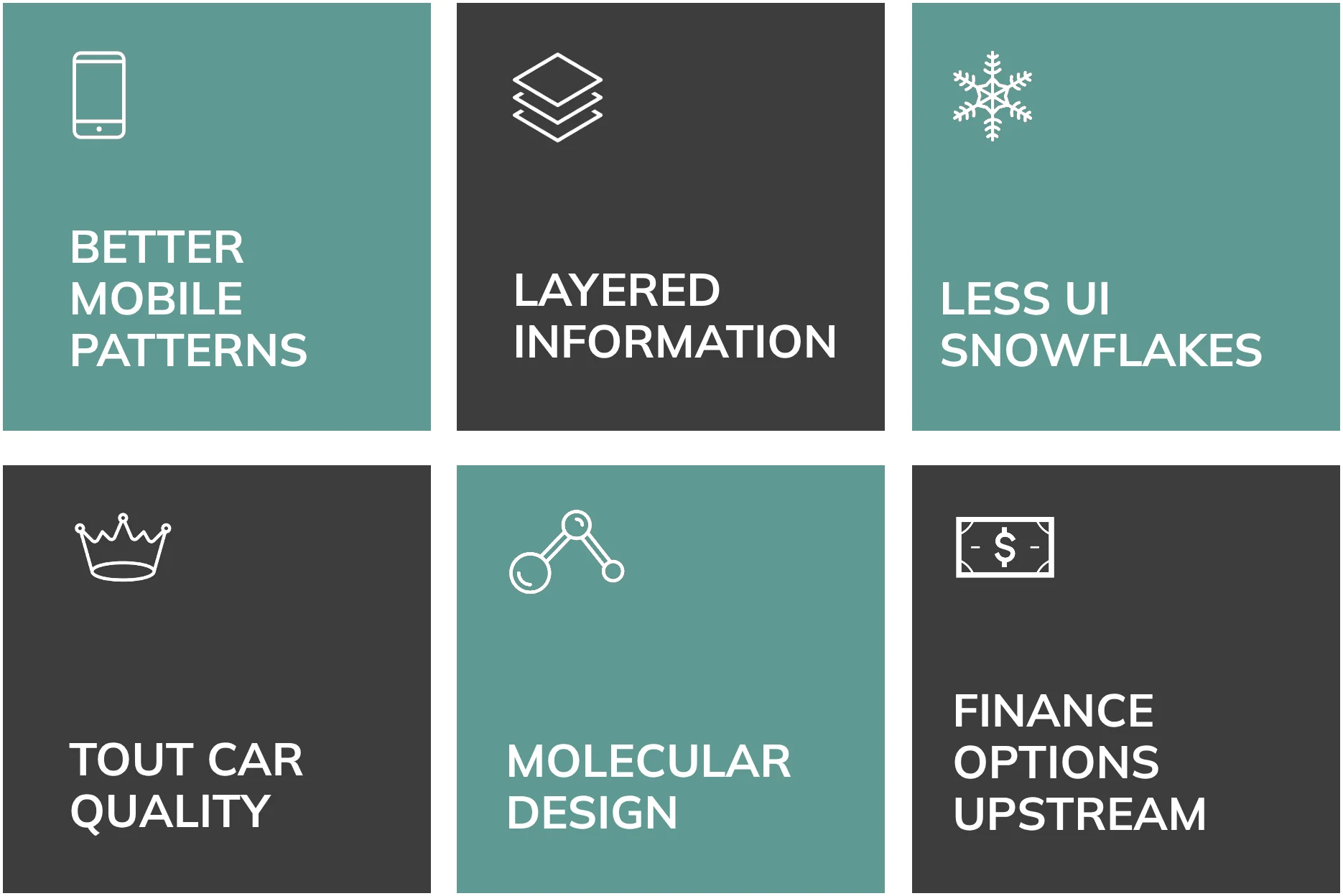 BETTER
MOBILE
PATTERNS LAYERED
INFORMATION LESS UI
SNOWFLAKES FINANCE
OPTIONS
UPSTREAM TOUT CAR
QUALITY MOLECULAR
DESIGN