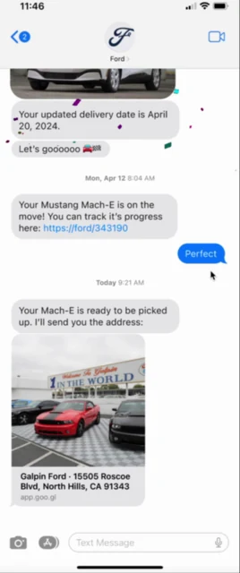 Pickup message with the dealer's location