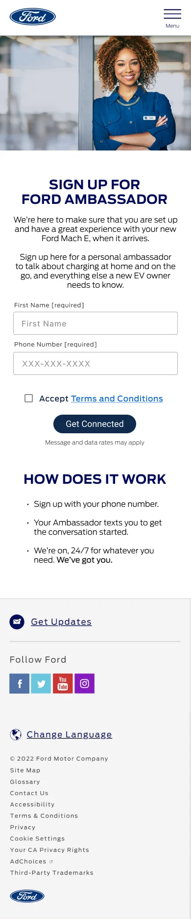 Ford Ambassador sign-up page on mobile