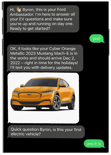 Ambassador welcome text with the customer's Mach-E